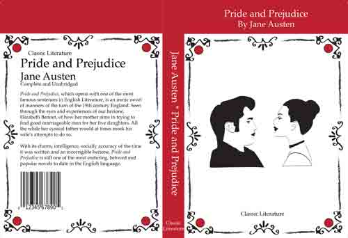 Front and back cover of Jane Austin's book Pride and Predjuce done in Indesign