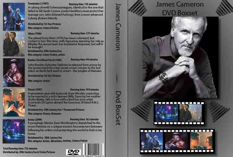 Front and back cover of a pretend DVD boxset of some of Director James Cameron well known films