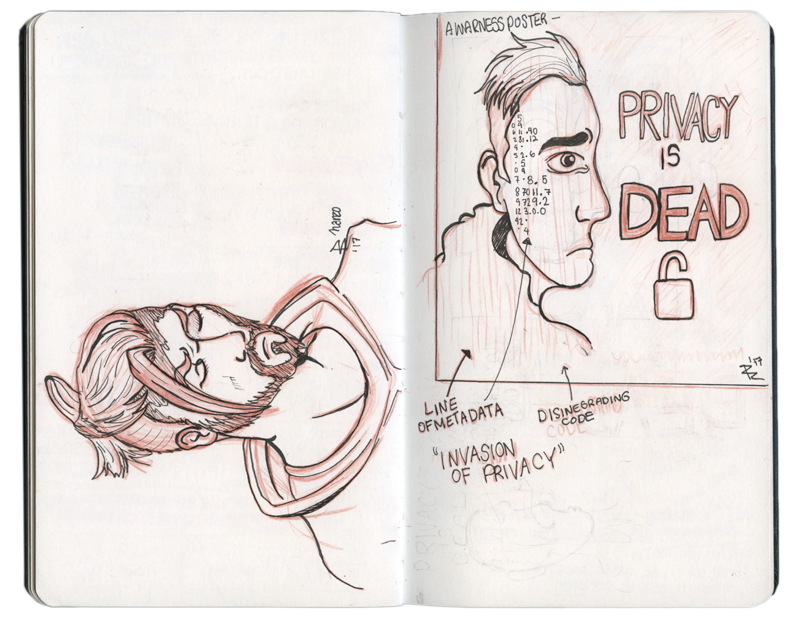 sketchbook of my concepts for my internet privacy awareness project