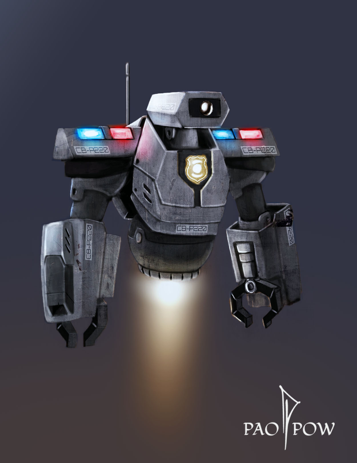 Copbot Chaaracter Design
  
  <p>CONCEPT:  Design a Robot cop that patrols floating cities for comic book story</p>
  <p>HOW DESIGN SOLVES PROBLEMS,: I used recognizable reference to help the robot look like a police bot: traffic camera for head, blue/red lights on shoulders. </p>
  <p>PROCESS: research, digital sketching, and refining</p>
  <p>TOOLS USED: Photoshop</p>
  <p>CHALLENGES: Keeping the design interesting and understandable, yet simple enough so redrawing the character in comic book won't be too difficult.</p>
  