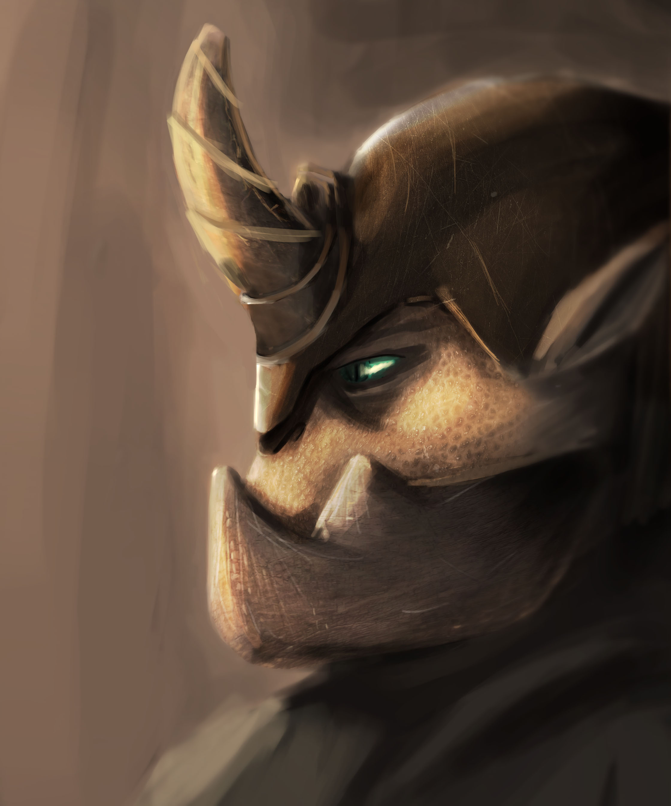 Orc Portrait Character Design
  
  <p>CONCEPT: Illustrate a portrait side view of a creature/warrior</p>
  <p>HOW DESIGN SOLVES PROBLEMS: Strong jaw and helmet to suggest the warrior persona of the character.</p>
  <p>PROCESS: sketch and refine</p>
  <p>TOOLS USED: Photoshop</p>
  <p>CHALLENGES: Keeping a warrior and primal mood to the character, while suggesting a beautiful setting with the light.</p>
  