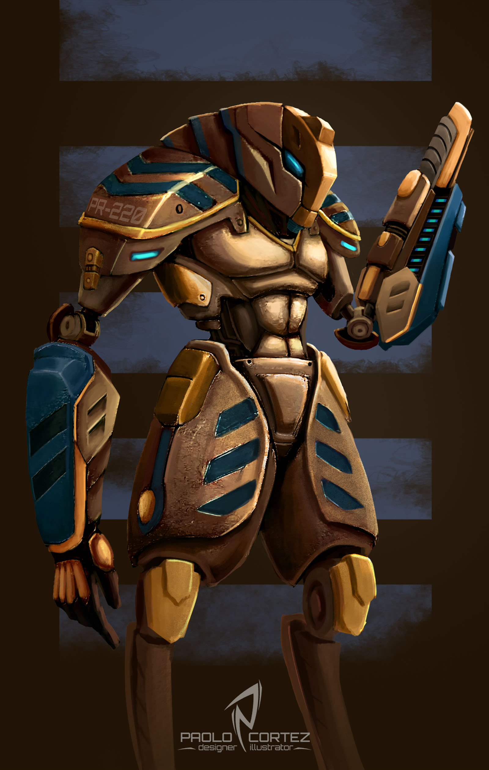 Egyptian Sci Fi Soldier Character Design
  
  <p>CONCEPT:  Design a Robot cop that patrols floating cities for comic book story</p>
  <p>HOW DESIGN SOLVES PROBLEMS,: I used recognizable reference to help the robot look like a police bot: traffic camera for head, blue/red lights on shoulders. </p>
  <p>PROCESS: research, digital sketching, and refining</p>
  <p>TOOLS USED: Photoshop</p>
  <p>CHALLENGES: Keeping the design interesting and understandable, yet simple enough so redrawing the character in comic book won't be too difficult.</p>
  