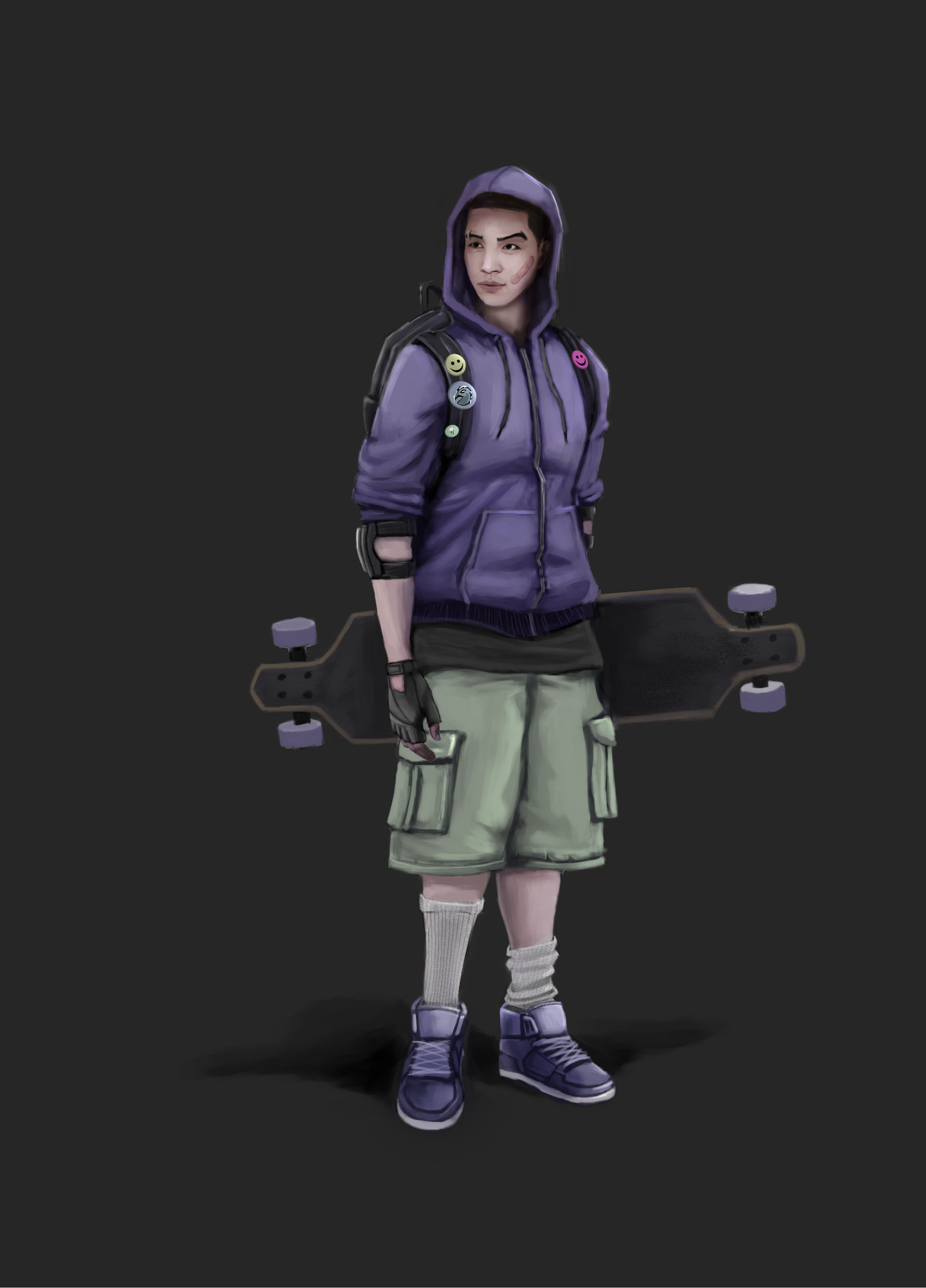 Noir Boarder Character Design
  
  <p>CONCEPT:  Design a Character for a mystery graphic novel game. Character is a classmate of one of the victims.</p>
  <p>HOW DESIGN SOLVES PROBLEMS,: I kept the character up to date with the trending fashions of today's students: long-board, comfortable clothing, event buttons attached to backpack straps. I Used the Purple as an accent color to suggest dark events that happen in the mystery story.</p>
  <p>PROCESS:  Thumbnail sketching and scanning and refining digitally.</p>
  <p>TOOLS USED: Pen/paper Photoshop</p>
  <p>CHALLENGES: Revealing the character's personality in what he wears while still being able to fit in a mystery genre novel.</p>
  