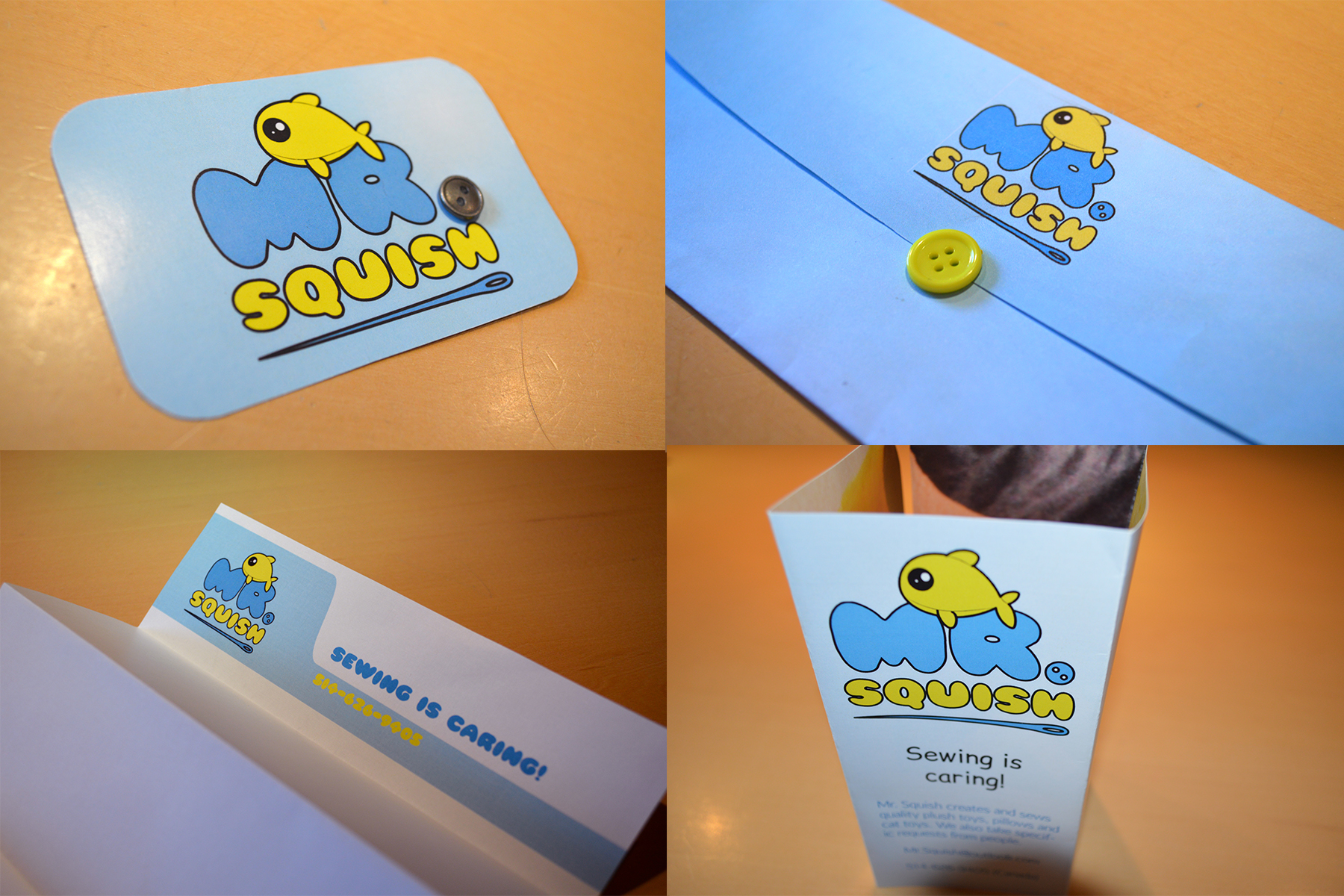 Collage of Mr.Squish envelope, brochure, business card and letter