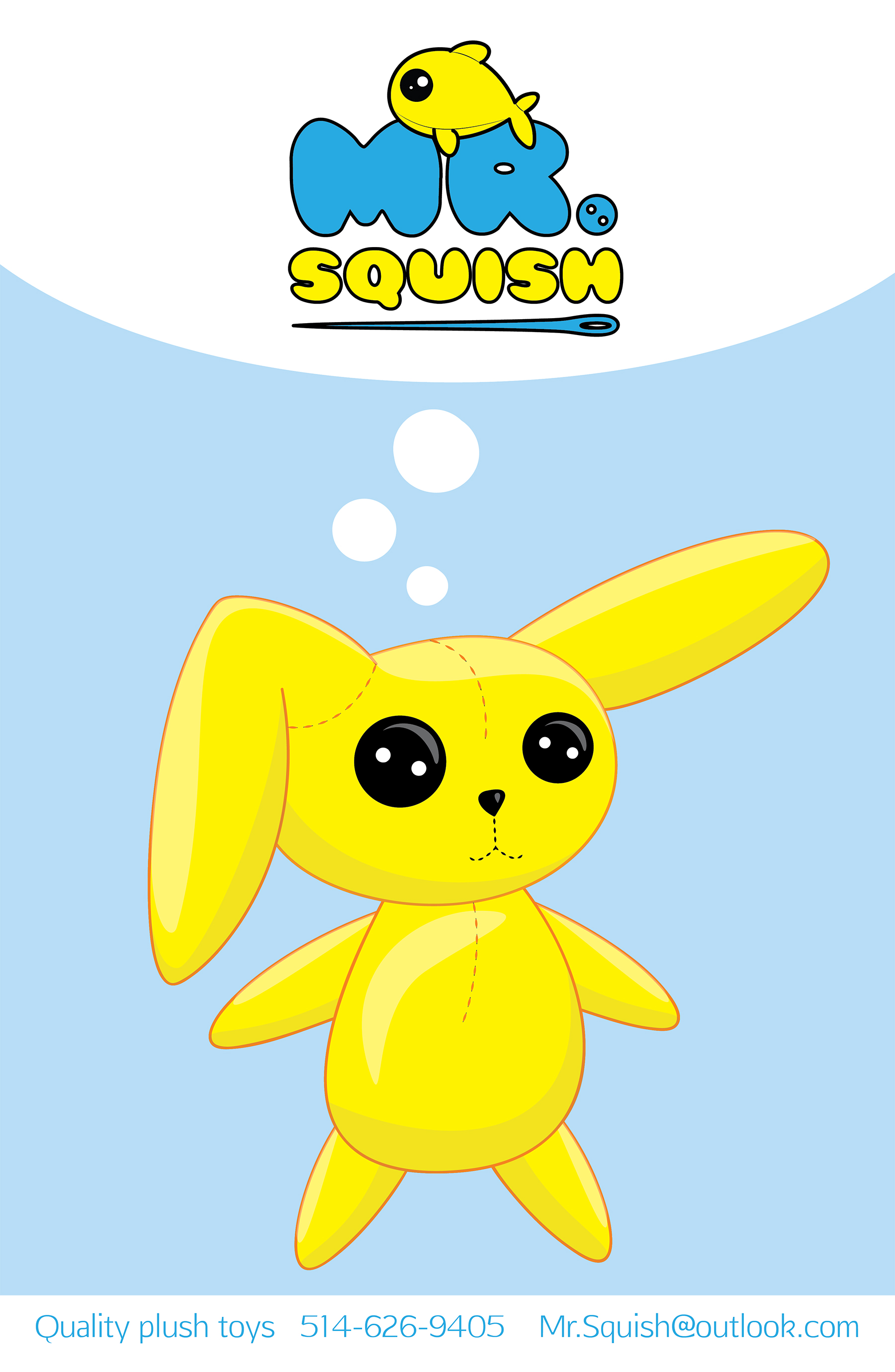 Poster of a plush bunny thinking about the Mr. Squish logo