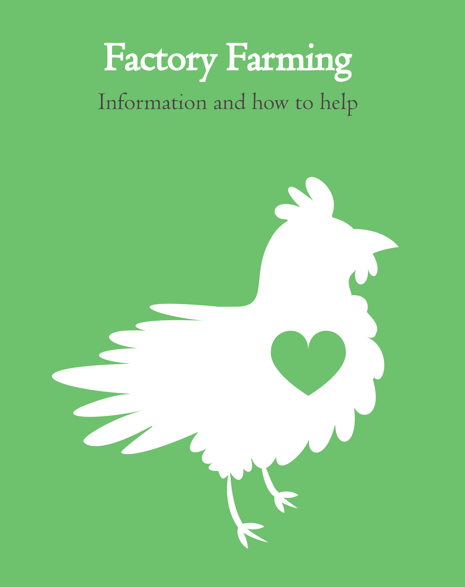 Chicken with heart, reads 'factory farming: Information and how to help'