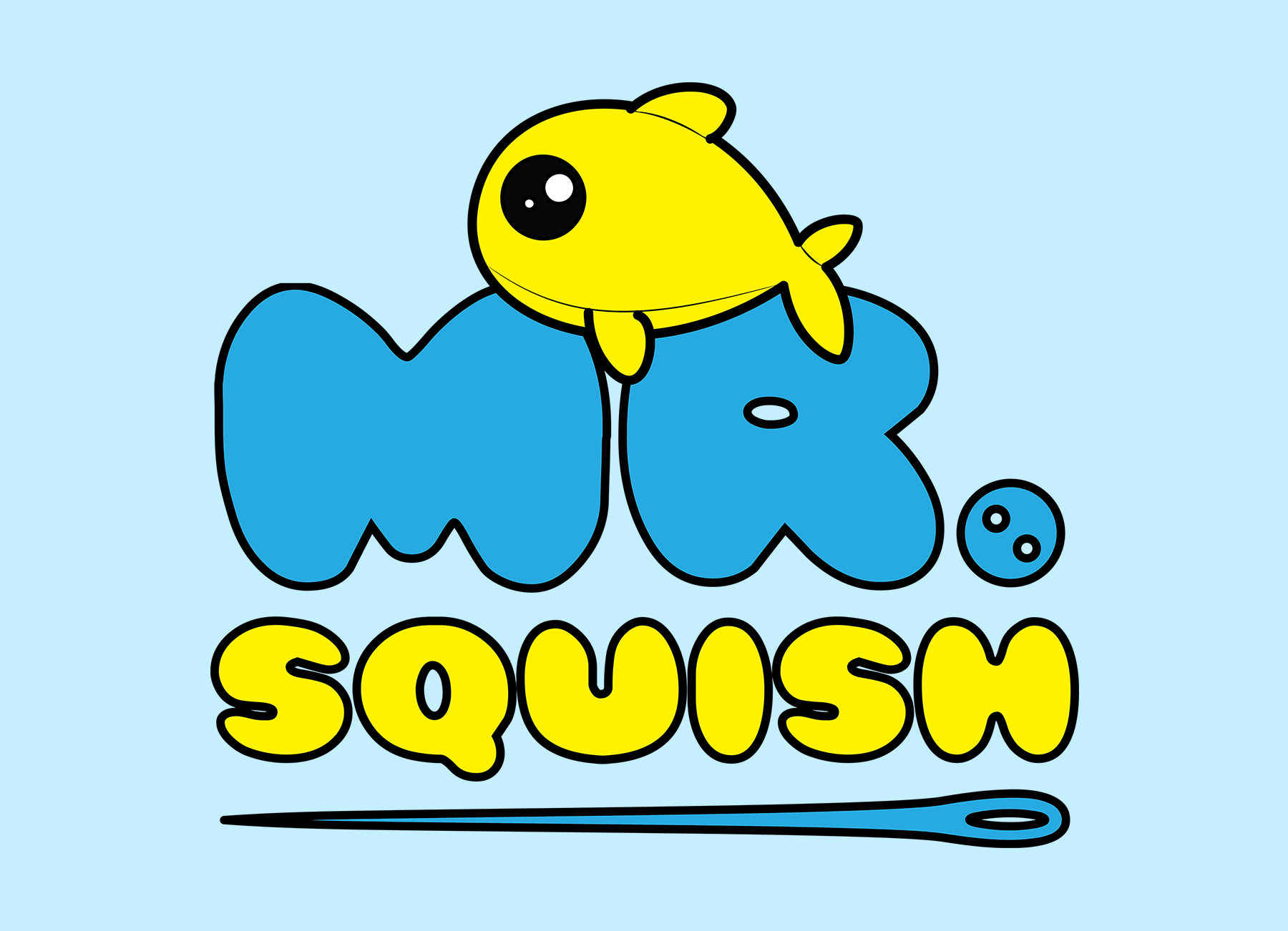 Mr. Squish logo written in bubble letters with a cute plush fish