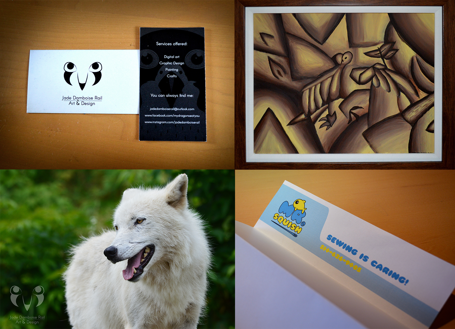 Collage of a wolf photograph, a letterhead, an abstract painting and business cards.
