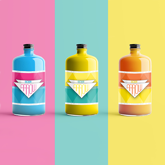 Three bottles filled with soda on different coloured backgrounds.