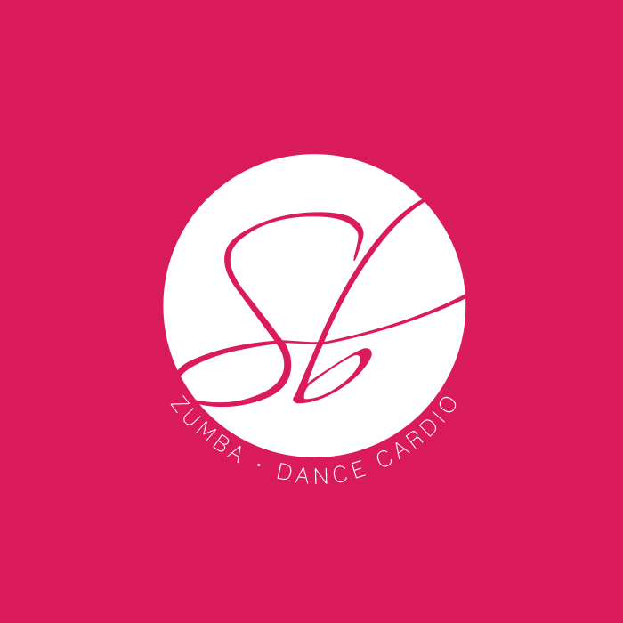 SB written in cursive in a white circle, Zumba/Dnace Cardio written on a path of the circle, all on a pink background.