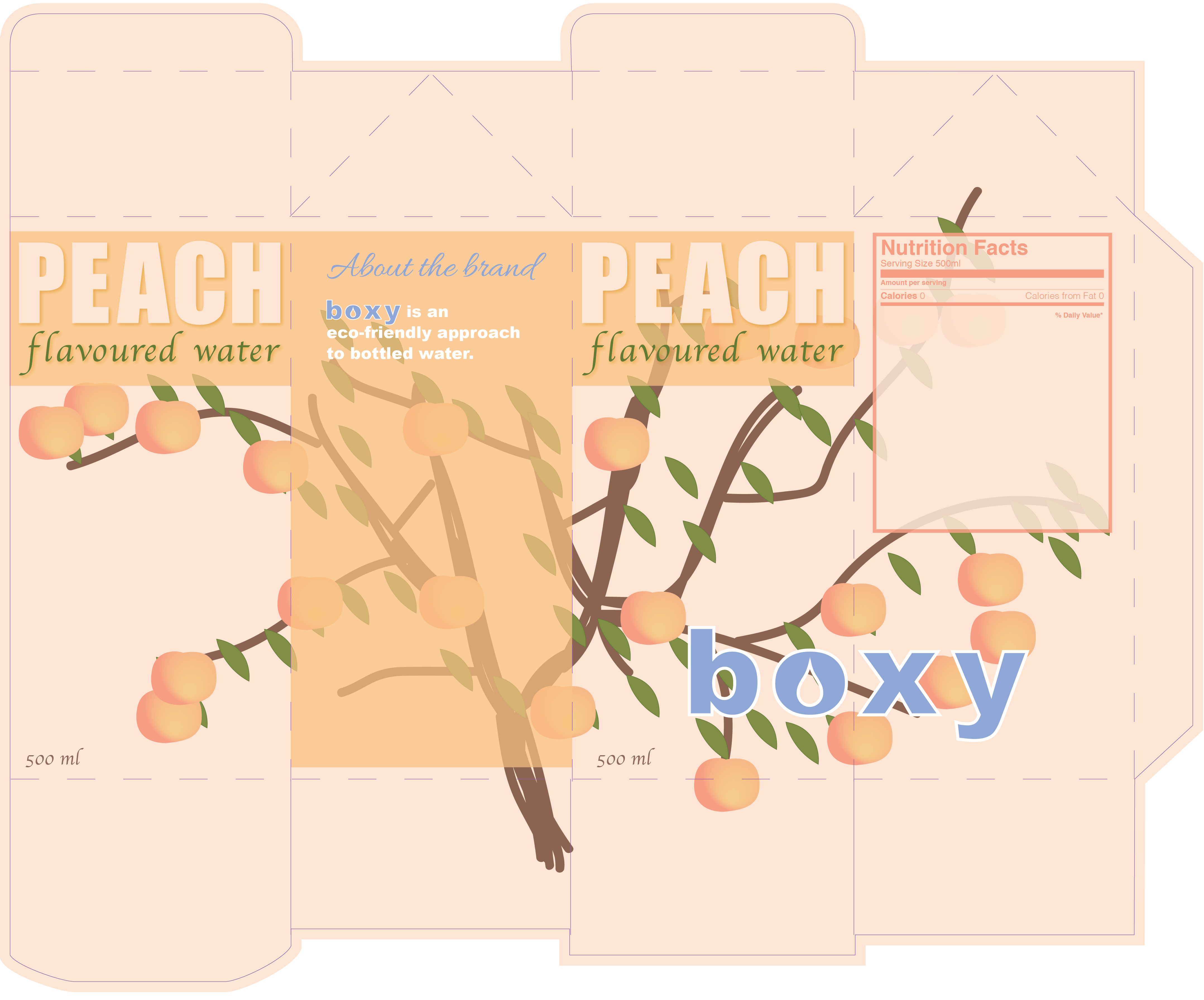 flat design layout for boxed peach flavoured water