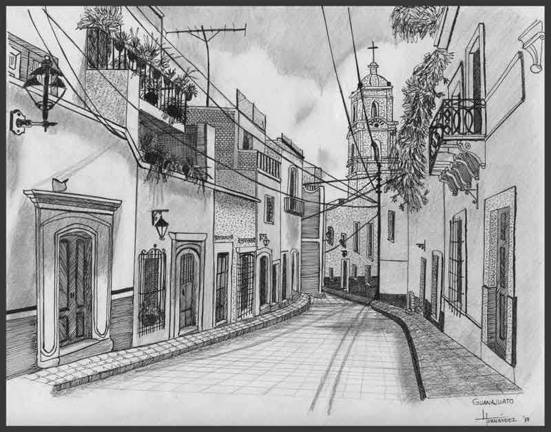 Perspective drawing of a street in Guanajuato