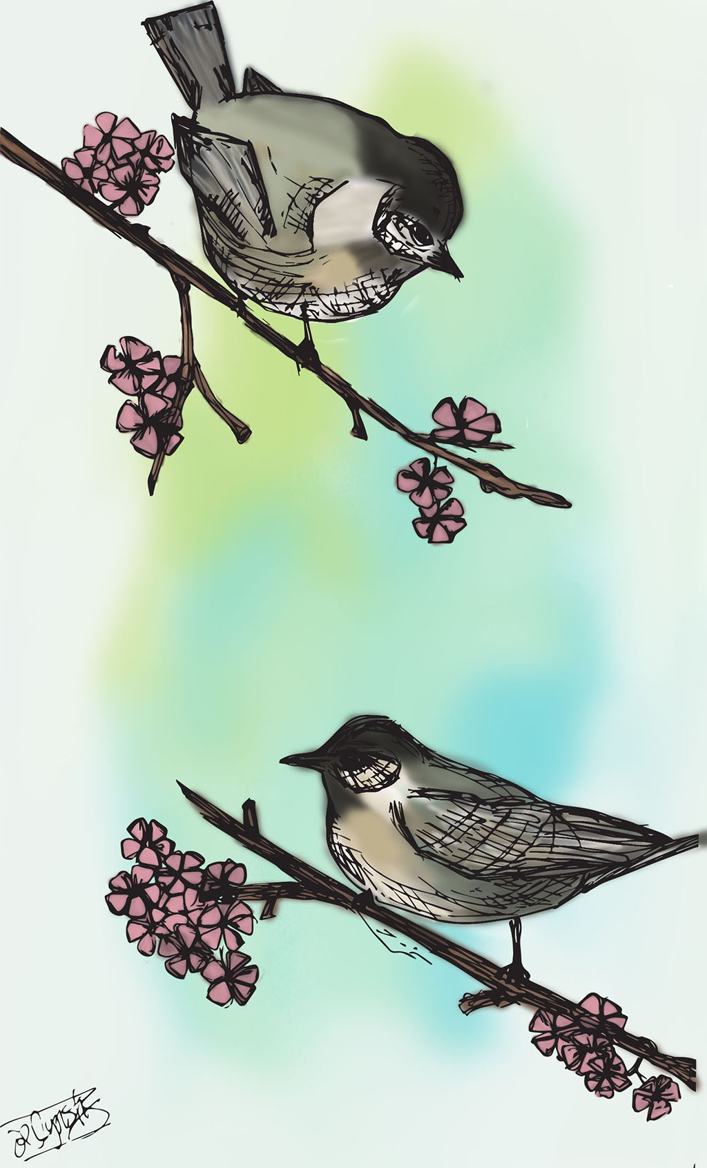 Illustration of Two Birds on Branches