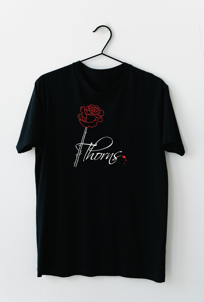 Black tshirt with rose and thorns logo