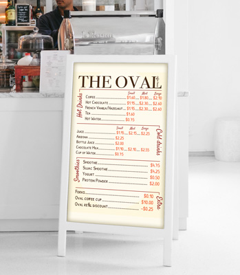 Menu designed for the Oval Cafe