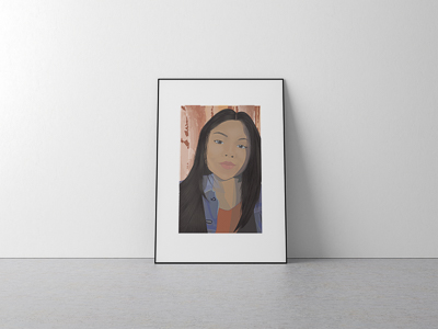 This is a self-portrait of myself displayed in a simple black frame that's on the floor