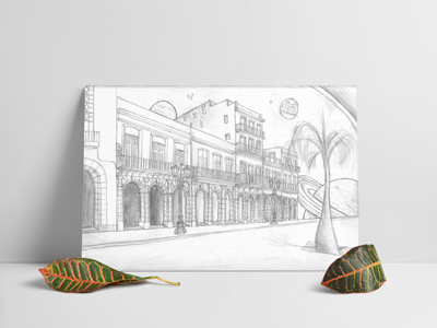 This image displays the original sketch of the cuban Cityscape drawn by hand.