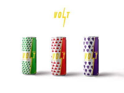 Three cans of the Volt energy drink designs.