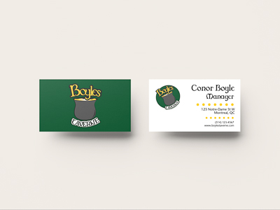 A fictional Irish pub's business card designed by Janelle Bryan for Design II class in 2019