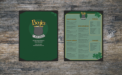 A fictional Irish pub's menu designed by Janelle Bryan for Design II class in 2019