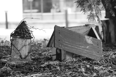 Grayscale photo of old birdhouse