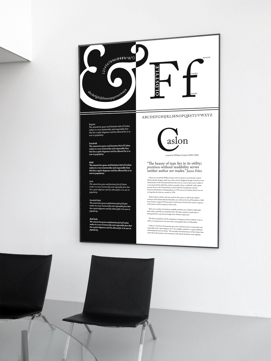 poster showcasing font analysis of Adobe Caslon