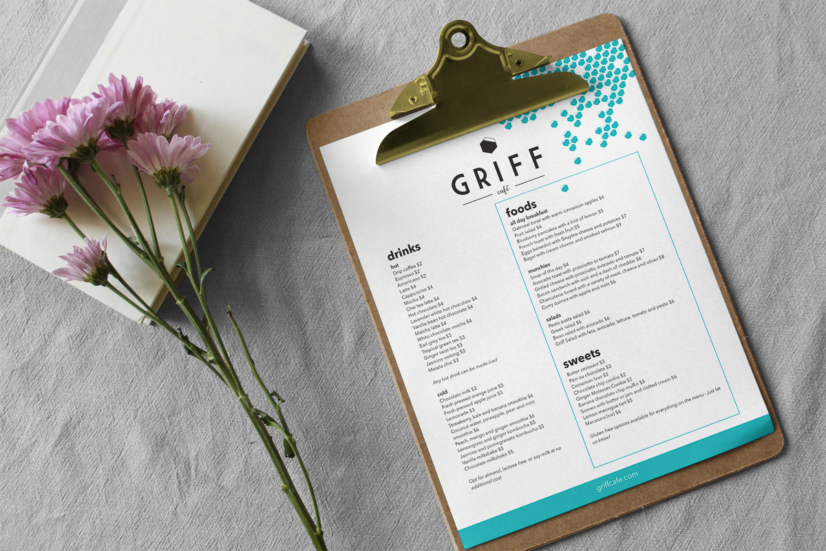 griff cafe menu on a clipboard