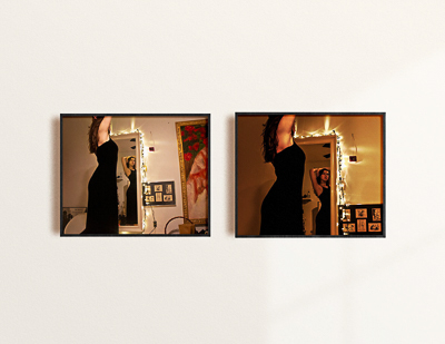 two picture frames showcasing woman looking at mirror