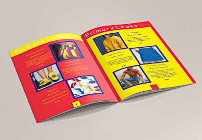 catalog featuring outfits in primary colours