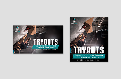 Facebook landscape banner on left for climbing team tryouts, and on right is an Instagram banner with the same information in portrait