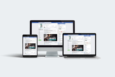 Facebook web banner displayed on Facebook page with a climber being displayed behind tryout text. Multiple screens are shown with this same image, mac in the back, laptop in the front right, and tablet in the front left.