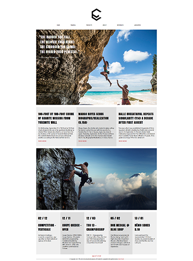 Climbing website from top to bottom showing a logo and navigation, into a large image of a girl climbing on a beach, to news articles, another climbing image, and lastly a calendar of upcoming events.