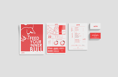 Cafe Ole mockups. From left to right, there is a poster stating to feed your inner bull, an infographic detaing the location of the cafe. A cafe menu, and lastly the fronside and back side of a business card.