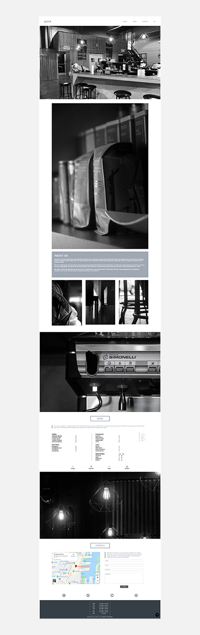 Café Ole website from top to bottom displays the café in black and white as a hero image, then moves down to the about section with a gallery of café imagery wrapping around it. Further down lies the menu, and then a contact form with a map of the café location.