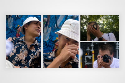 Two close-up portraits of boy sitting in front of blue sculpture. To the right are stacked landscape portraits of different boy holding camera.