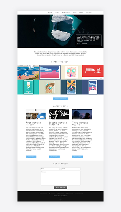 E-portfolio website from top to bottom showing latest projects, to previous websites, and lastly a contact form.