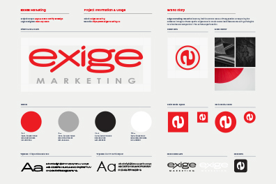 Displayed are the fonts used in the Exige Marketing logo, colors with their necessary information, social media icons, black and white variations of logo, and other brand related imagery.