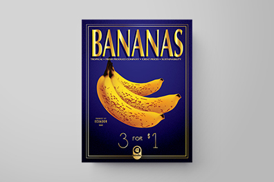 Illustrated produce poster of bananas over a blue gradient background