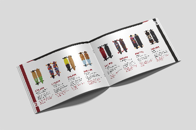 Longboard catalog laid out open displaying inner spread, with an array of longboards laid out vertically with a price and description listed below each