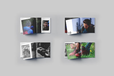 4 spreads taken from the Freedom Being Us book displaying people hiking (two top spreads), and someone tying their shoes or applying tape to fingers (bottom two spreads)