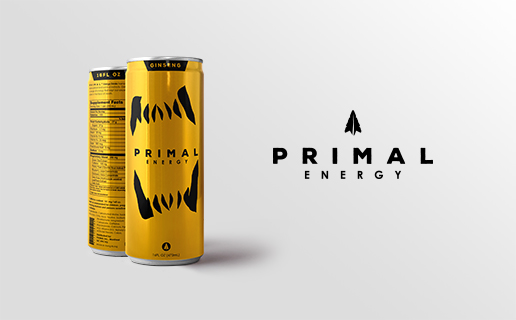 Primal Energy Drink cans lined to the left with primal energy written to the right. The cans are yellow with a jaw bite taking up most of the can