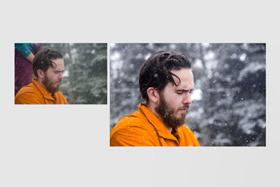 Man sitting down in thought whilst snow falls around him. Before shot is on the left and after on the right.