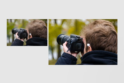 Photo of friend holding camera pointed away from photographer. On the left is the before version, and the right is after having been edited.