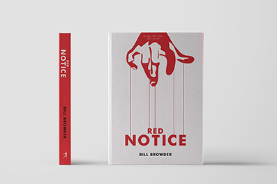 Red Notice book cover in red with a puppeteer hand controlling book cover