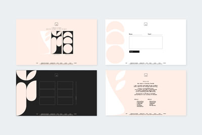 Top left is a cream-colored landing page displaying three illustration aligned vertically, top right is the contact page all in white with a large cream-colored illustration in the background. A portfolio gallery in the bottom left all in black large cream-colored illustration in the background, and in the bottom right is an about page with a similar design to the landing page.