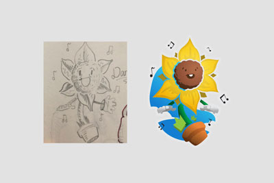 On the left is a sketch on a flower dancing in a flower pot, and on the right is the vector version of the same image