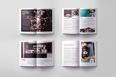 Four separate Stad magazine spreads, top left shows a man cooking cuisine in the streets, top right talks about common Montreal food items, bottom left is an article about Dispatch Coffee (local montreal coffee brewer), and bottom right is the continues dispatch article with an image of a women holding cold brew coffee