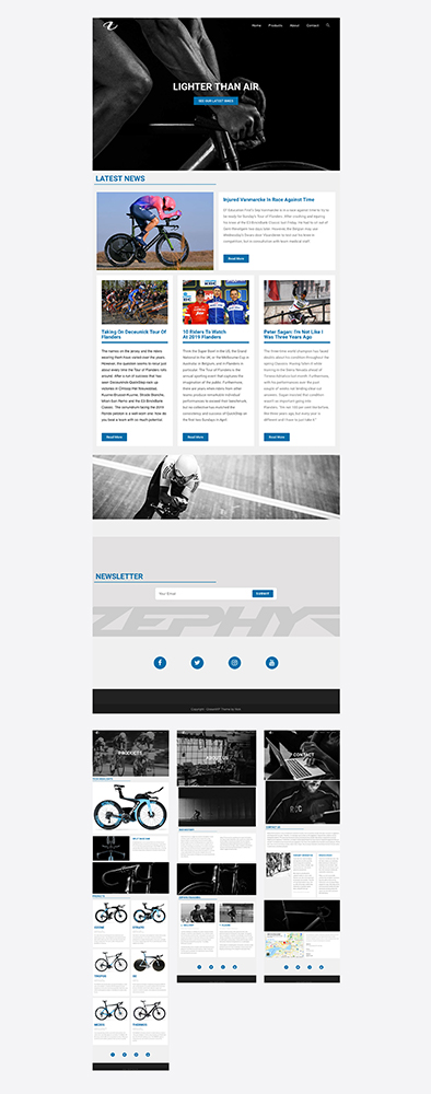 Zephyr Performance website with large hero image of cyclist, underneath lies cycling news articles, then a newsletter form. Underneath lies the full products page, about us page, and contact page.