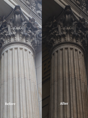 before-and-after shots of beige column in Montreal