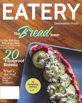 Bread themed magazine cover featuring open faced tartine with beet hummus and feta